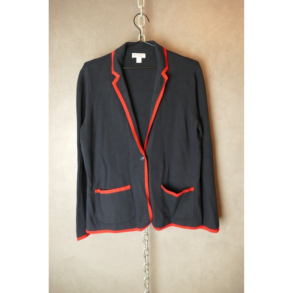 Brooks Brothers Red Fleece Navy Blue Knit Blazer Cardigan Red‎ Trim Large Women